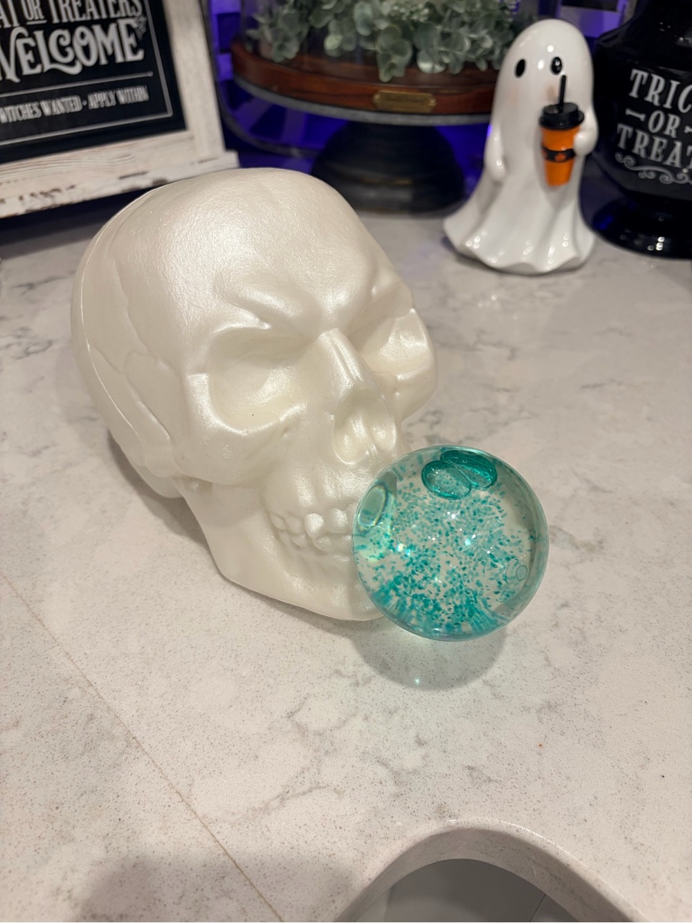Pearlescent White Decorative Skull with Teal Glass Orb - Home Accent